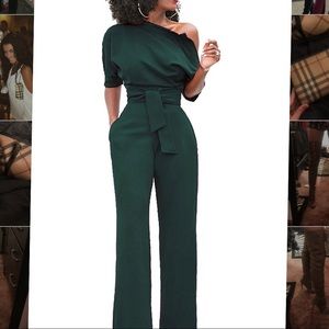 hunter green one off shoulder jumpsuit.